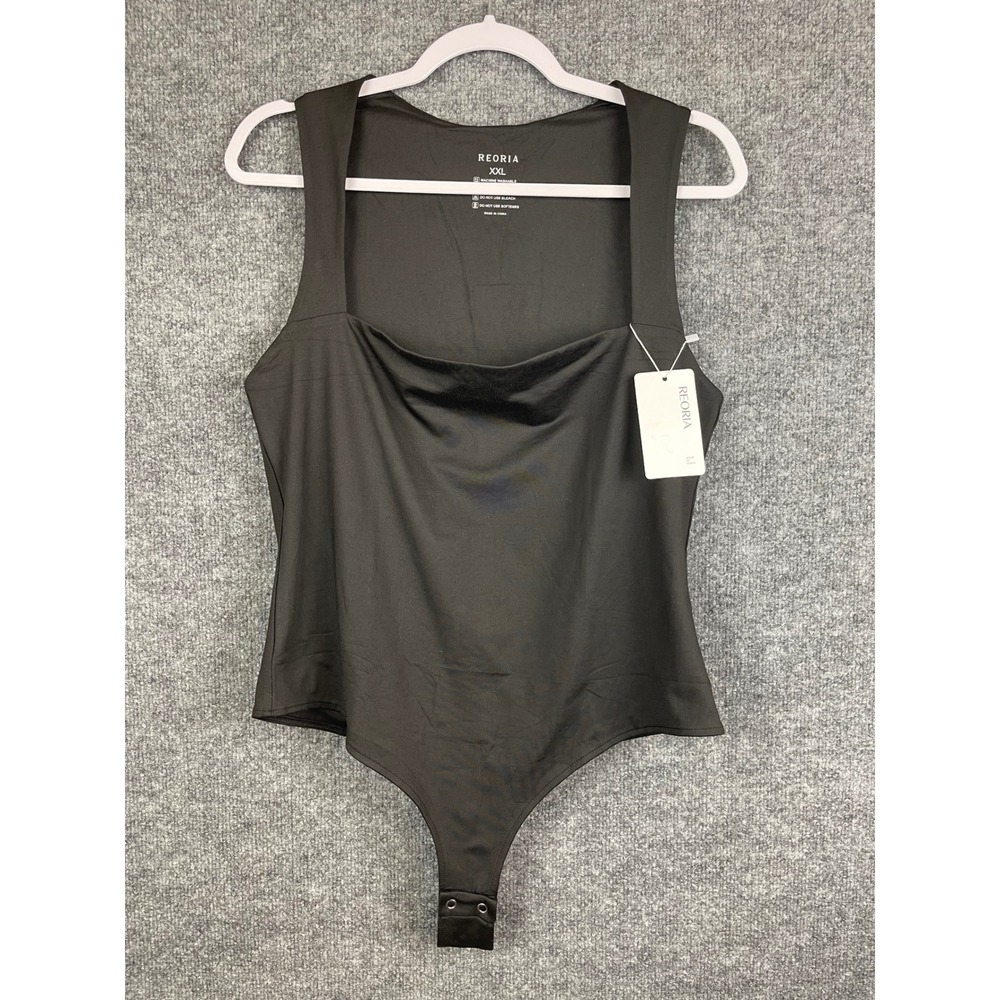 REORIA Bodysuit Womens XXL Black New Cowl Neck Square Neck Sleeveless Thong
